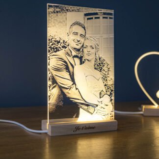maphotosurbois - cadeau de mariage - gravure bois - support bois acrylique lumineux - Lampe photo